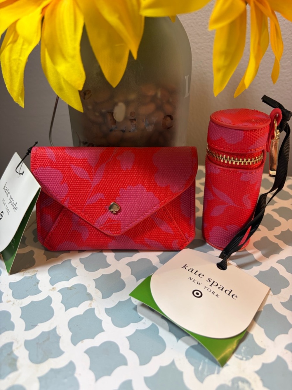 NWT Kate Spade Red and Pink Floral Envelope Card Case with Lipstick Holder
